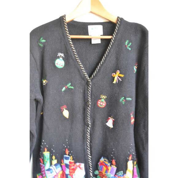 Vintage Quacker Factory Christmas Embroidered Cardigan Santa & Mrs. Claus Size M - Picture 4 of 12